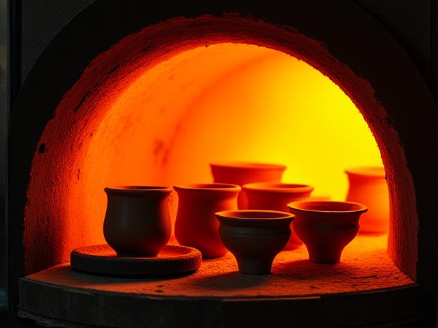 Innenansicht eines brennenden Keramikofens mit glühenden Gefäßen