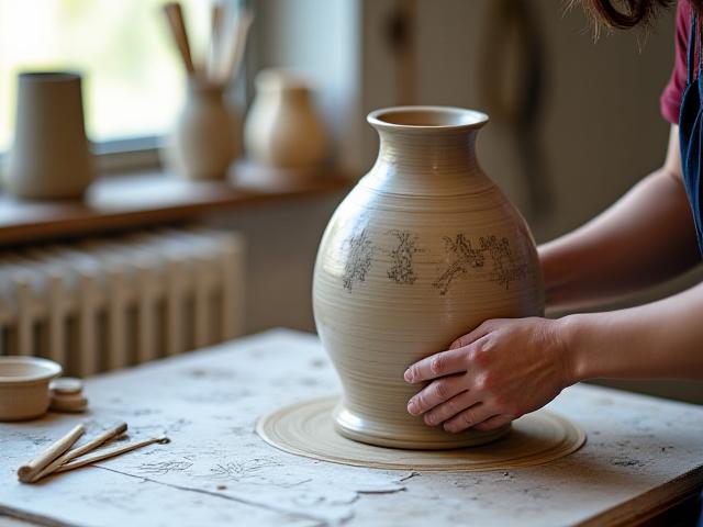 Illustration einer maßgefertigten Keramikvase am Schneidetisch mit Skizzen