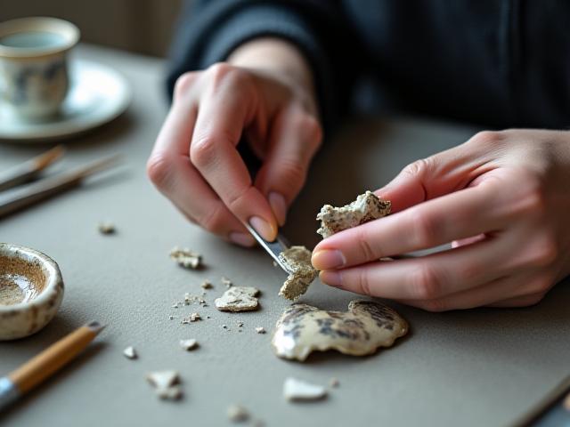 Hände, die ein zerbrochenes Keramikstück vorsichtig zusammenfügen für Restaurierung
